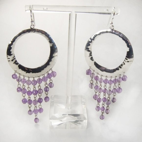 Unbranded Jewelry - Solid Sterling Silver Chandelier Dangle Earrings with Faceted Amethyst Balls